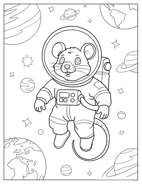 En rotte klædt som astronaut svæver blandt planeter og stjerner.