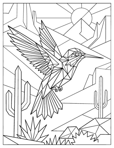 Ein Kolibri mit geometrischen Mustern fliegt über eine Wüstenlandschaft.