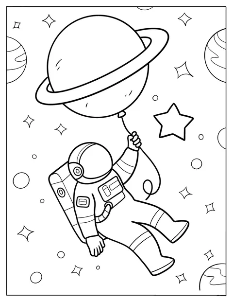 Astronautti leijuu avaruudessa Saturnuksen muotoisen ilmapallon kanssa.