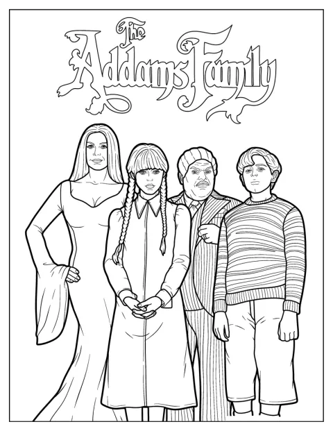 Morticia, Wednesday, Pugsley ja Gomez poseeraavat Addamsin perheen julisteessa.