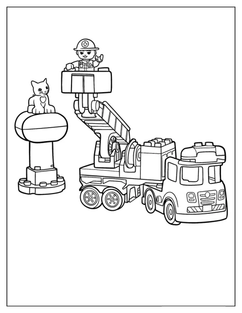 En Lego-brandmand på en brandbil redder en kat.