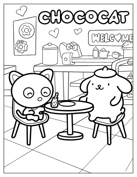 Chococat zit gezellig naast Pompompurin.