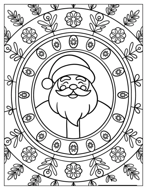 サンタクロースのまわりを、クリスマスの花や葉が彩っています。