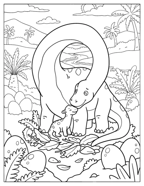En Brachiosaurus-mor nusser sin baby ved en rede med æg.