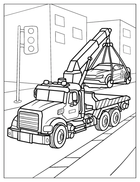 Camionul de tractare ridică o mașină cu ajutorul brațului său.