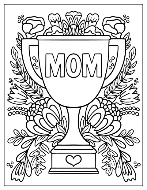 Ein Pokal für die beste Mama ist von Blumen umgeben.