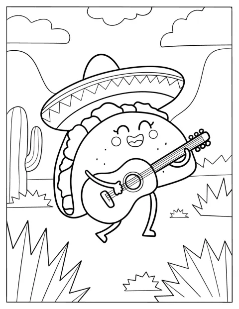 Egy sombrerót viselő taco gitározik és énekel.