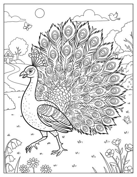 Un pavo real de aspecto realista camina por un campo con su gran cola.