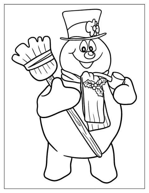 Frosty, omul de zăpadă, poartă pălăria sa și zâmbește.