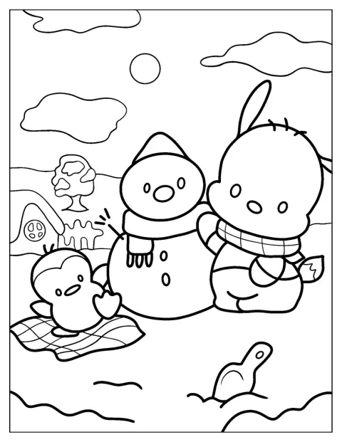 Pochacco és egy pingvin együtt hóembert készítenek.