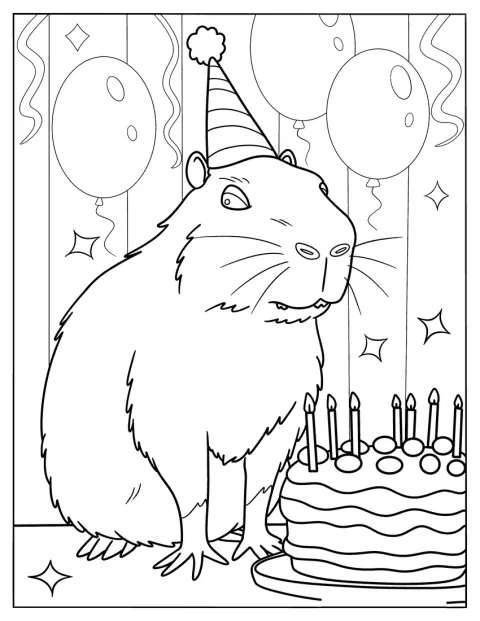 Com um chapéu de festa, a capivara sopra as velas do bolo.