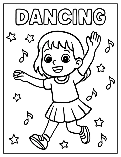 En glad flicka dansar med ena armen höjd, omgiven av stjärnor och noter.