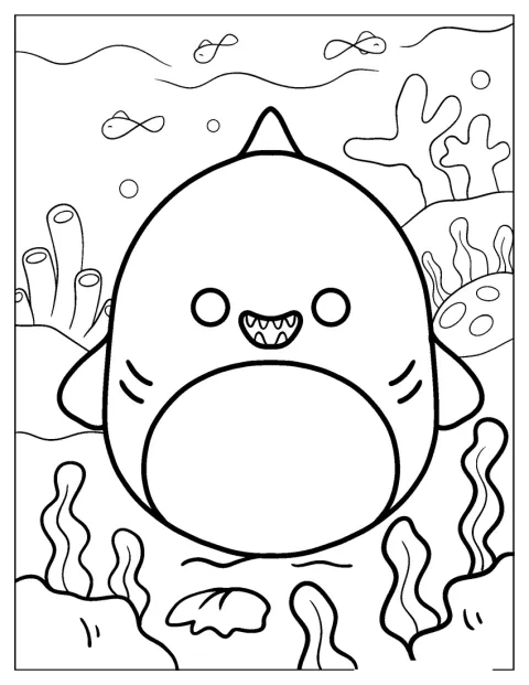 Com barbatanas e dentes visíveis, Gordon, o tubarão Squishmallow, está sentado.