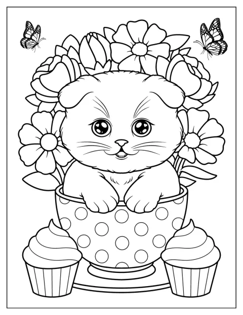 Kitten Coloring Page Inside a Polka Dot Teacup with Flowers and Cupcakes for Kids