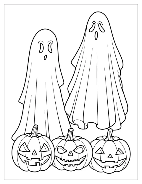 Spöken som ser ut som lakan svävar ovanför pumpalyktor.