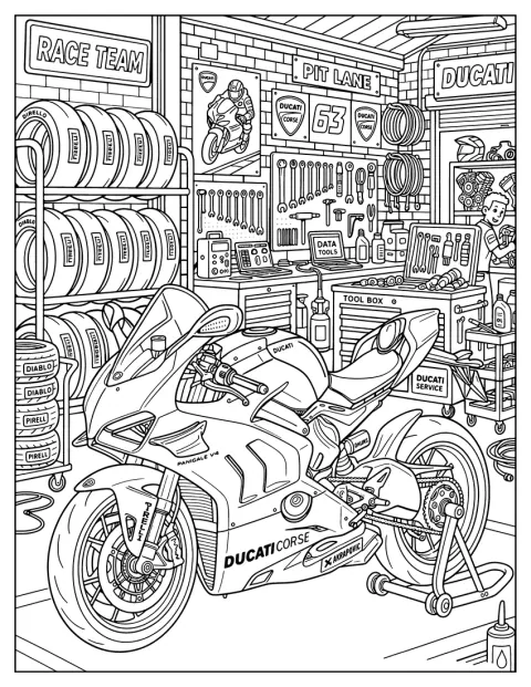 Une moto de course Ducati est exposée dans un atelier professionnel.