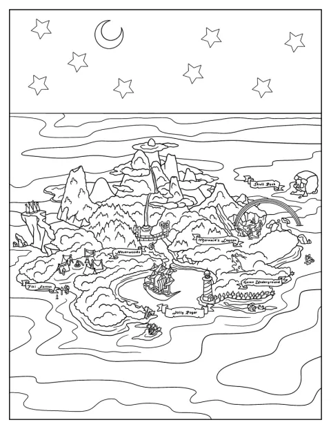 Un mapa muestra los lugares y caminos de la isla de Nunca Jamás.