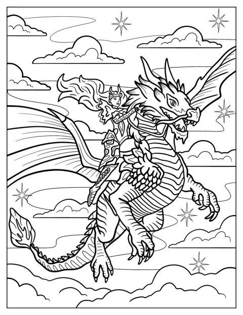 Una donna cavalca un drago in volo.