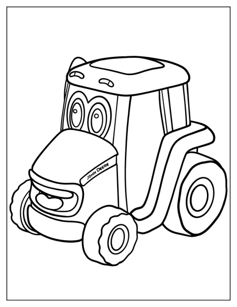 Un tractor John Deere în stil de desen animat este ilustrat simplu.
