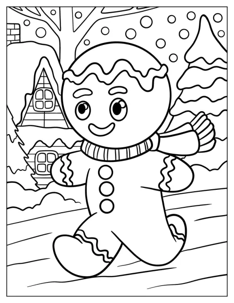 ジンジャーブレッドマンが、クリスマスの雪道を元気に走っています。