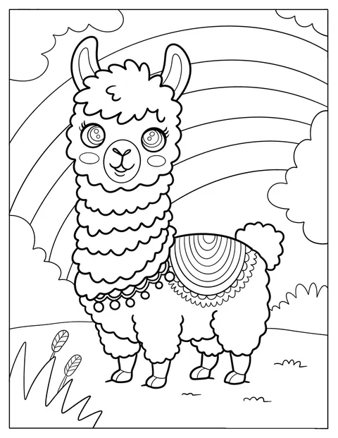 Una lama sorridente dal vello riccio è circondata da un arcobaleno.