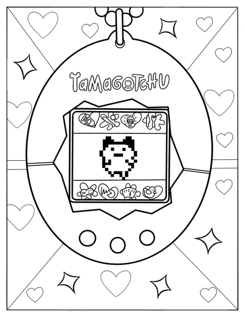 Mametchi vises på skærmen i en retro-Tamagotchi.