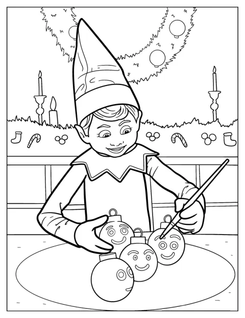 Der Elf on the Shelf verziert Christbaumkugeln für die Feiertage.