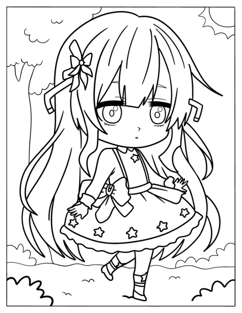 Une fille chibi en jolie robe se promène dans la nature.