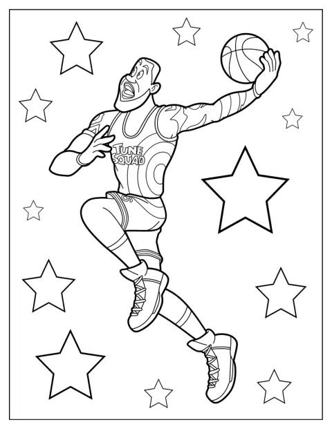 LeBron James ist als Cartoonfigur mit entschlossenem Blick dargestellt.
