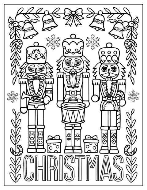 Två nötknäpparvakter står med lagerkransar och snöflingor bakom sig.