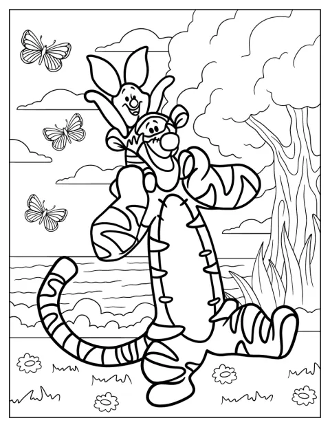 Piglet cabalga sobre los hombros de Tigger.