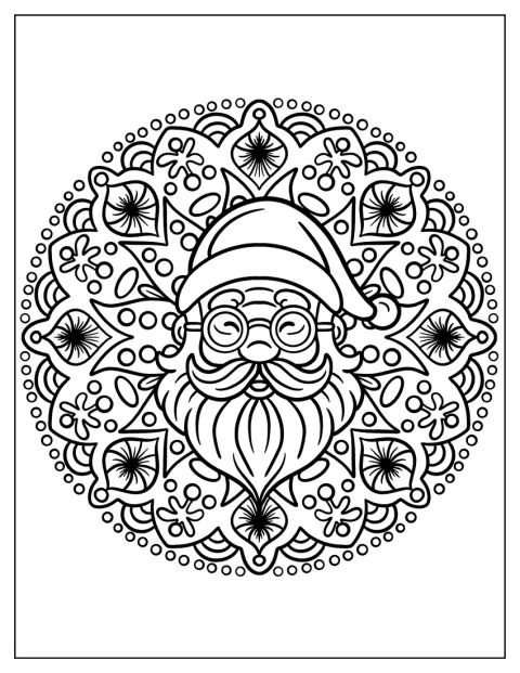 Un Papá Noel sonriente aparece rodeado de adornos en un mandala.
