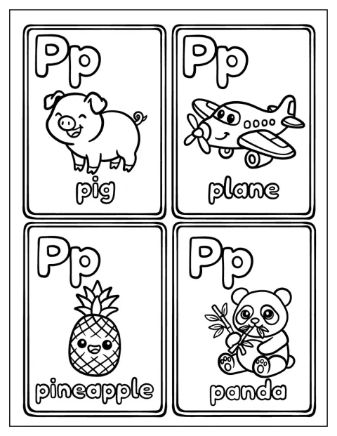 Quatro cartões apresentam um porco, um avião, um ananás e um panda junto da letra P.