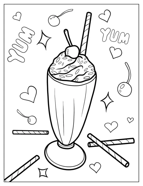 Milkshake Coloring Page With Sprinkles, Cherries, And Cinnamon Sticks