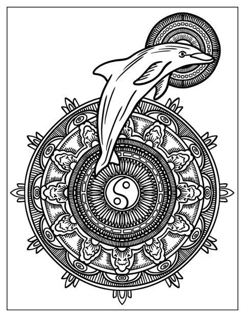 Un delfino nuota tra due mandala ispirati al simbolo yin e yang.