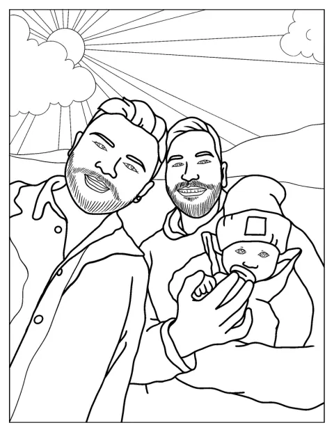 Ett gift manligt par håller sin bebis tillsammans.