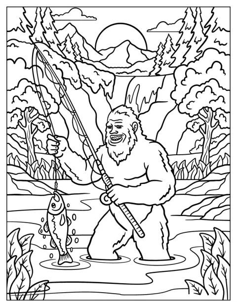 Mit einer Angel in der Hand versucht Bigfoot, einen Fisch aus dem Fluss zu ziehen.