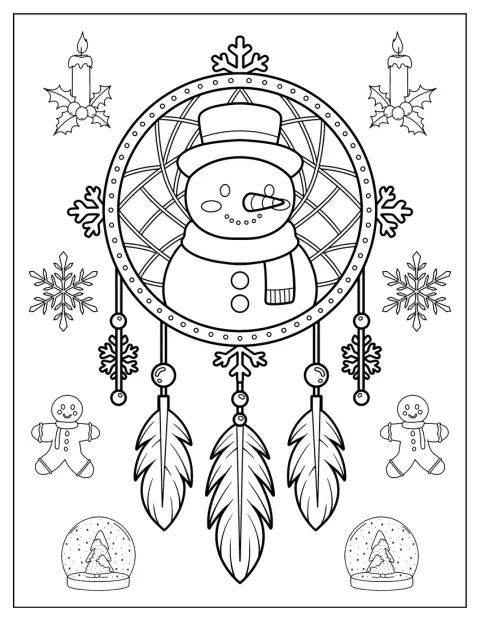 Un atrapasueños decorado con un muñeco de nieve, plumas y copos.
