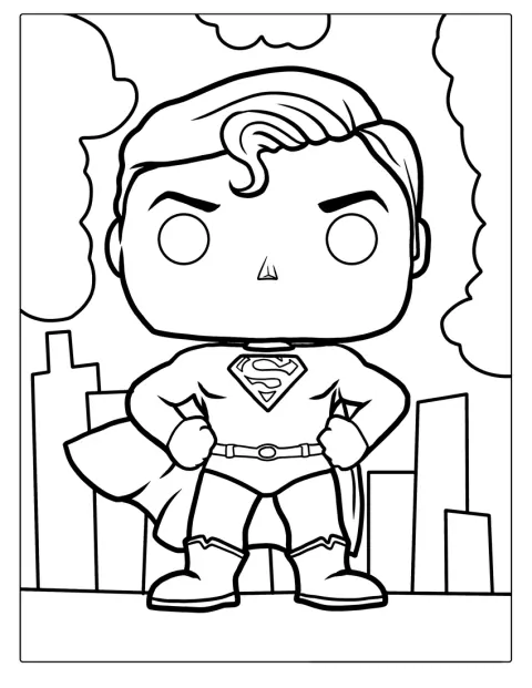 Een schattige Funko Pop-figuur van Superman staat in zijn superheldenkostuum.