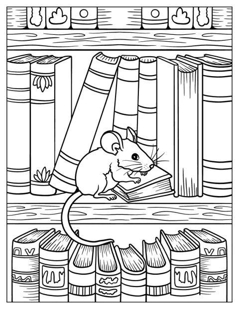 Mouse Coloring Page Resting on a Classic Novel Inside a Library Shelf