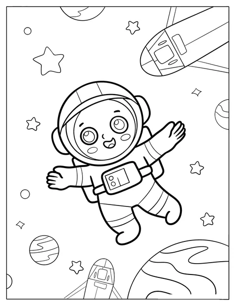 Een lachend kind in astronautenpak zweeft tussen planeten en spaceshuttles.