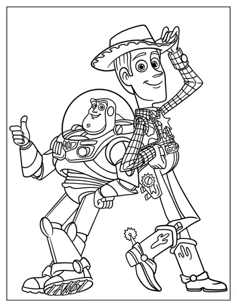 Woody og Buzz Lightyear står side om side.