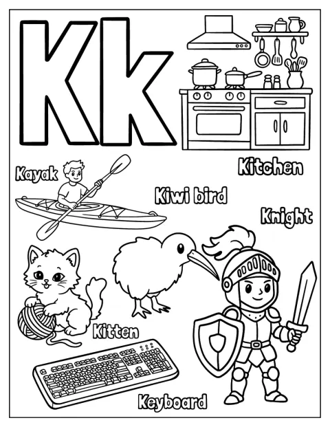 Kajak, Küche, Kätzchen, Ritter, Kiwi und Tastatur illustrieren den Buchstaben K.