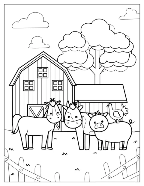 Cavalos e vacas estão espalhados pelos campos de uma quinta.