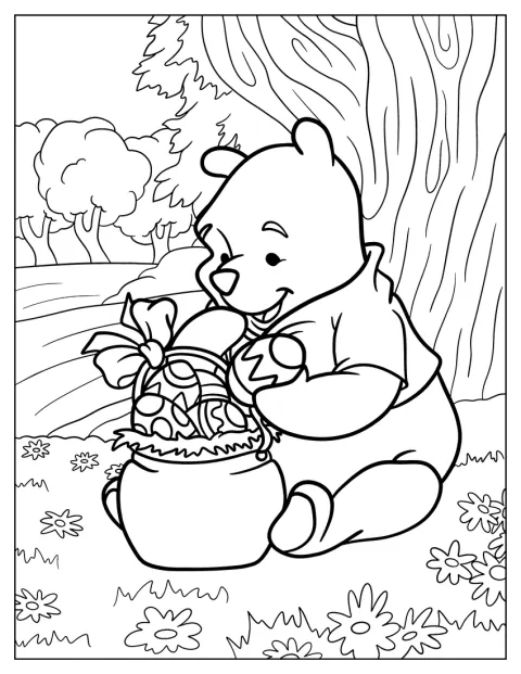 Winnie de Pluș stă lângă un vas plin cu ouă de Paște.
