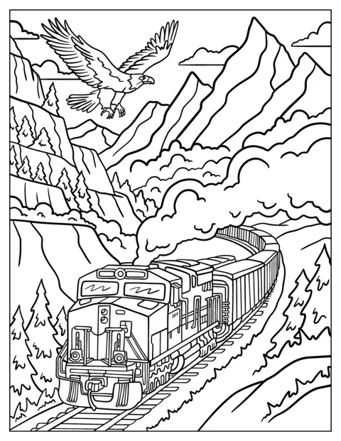 Freight Train Coloring Page Winding Through Mountain Trails with Eagle