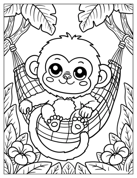 Adorable Baby Monkey Coloring Page on a Hammock for Kids