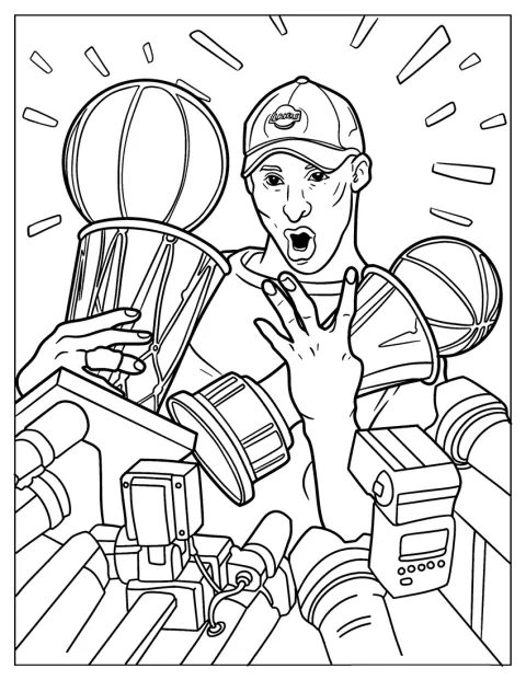 Kobe Bryant udziela wywiadu, a obok niego stoją trofea mistrzowskie.