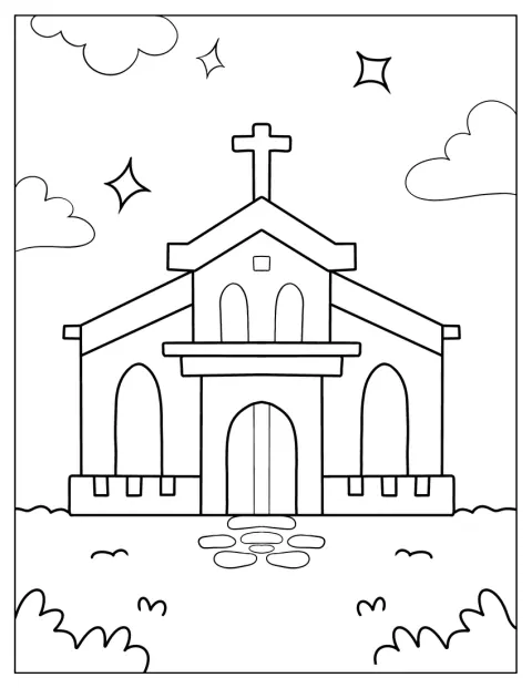 Et kors står på taket av en enkel kirke.