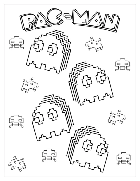 Pixelachtige spoken uit Pac-Man staan naast elkaar.